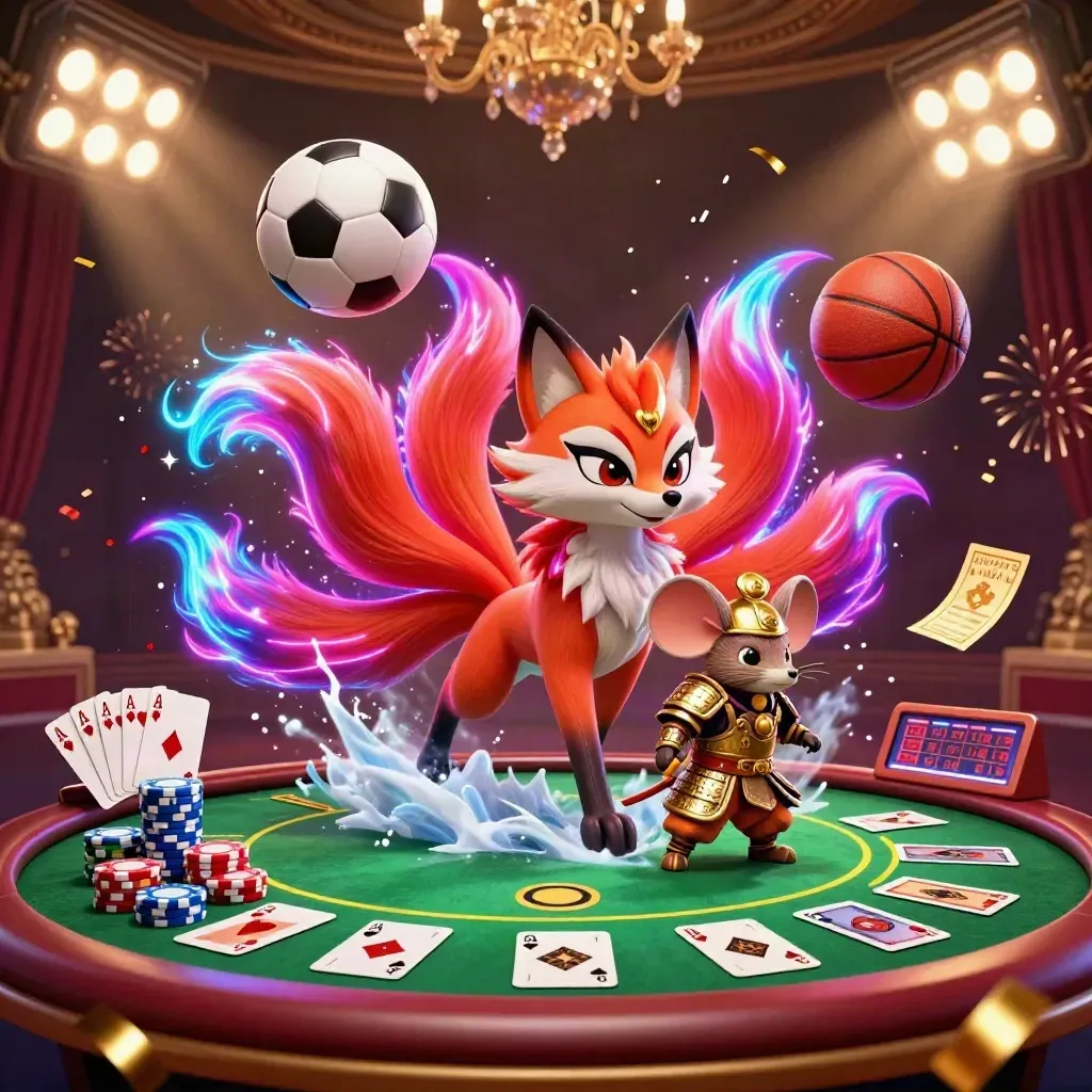 Rubah roh berekor sembilan dan tikus samurai emas di tengah bola, chip, kartu, dan kilau kasino neon.