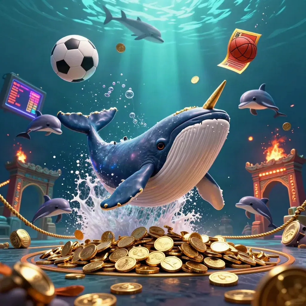 Paus kapten, narwhal, dan lumba-lumba melompat di laut koin dengan cahaya neon.