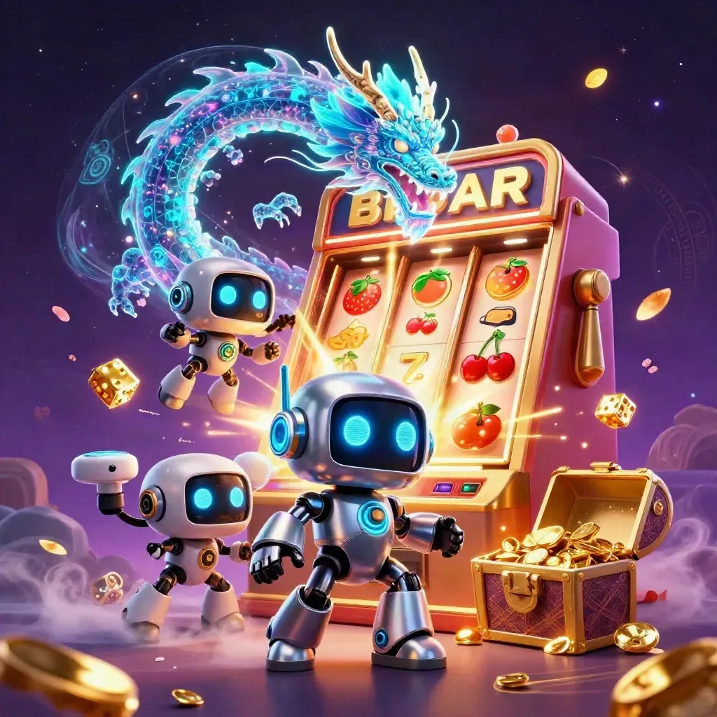 Robot cyberpunk, naga holografik, slot emas, dadu, peti harta, efek neon meledak.