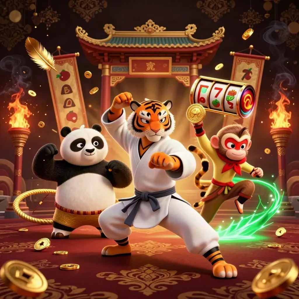 Harimau kung-fu, panda, dan monyet di kuil dengan emas, api, dan efek neon hijau