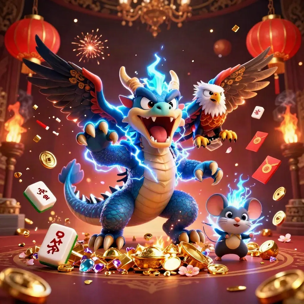 Naga petir, elang angin, dan tikus kecil dikelilingi ubin mahjong, lentera, koin jade, dan kilat.