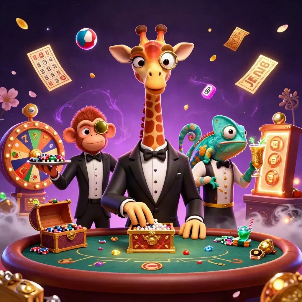 Gajah ziraf, monyet pelayan, dan bunglon bartender di meja poker, koin, permata, dan cahaya emas meledak.
