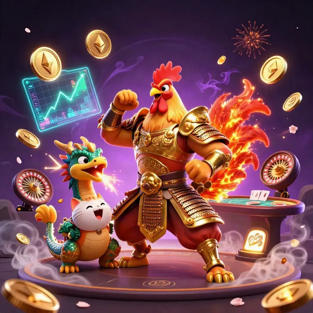 Ayam samurai, naga kecil, dan kucing hoki dikelilingi koin emas, petir neon, dan latar kasino mewah