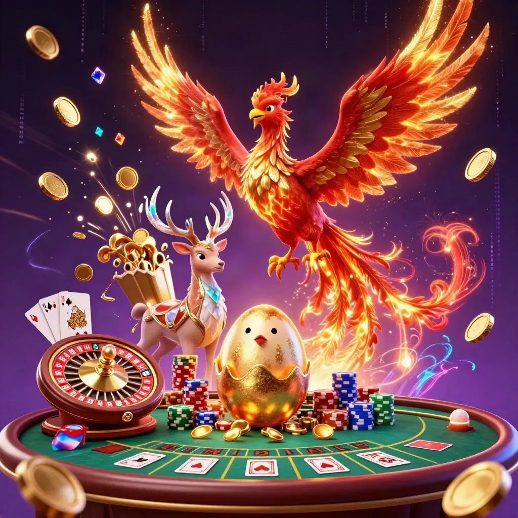 Phoenix, rusa kristal, dan bayi phoenix di tengah koin emas, kartu, dan efek neon kasino.