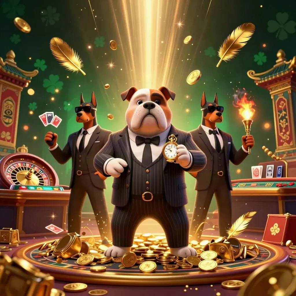 Bulldog bos mafia dan dua doberman di tengah ledakan koin emas, roulette, meja kartu, dan gerbang kuil.