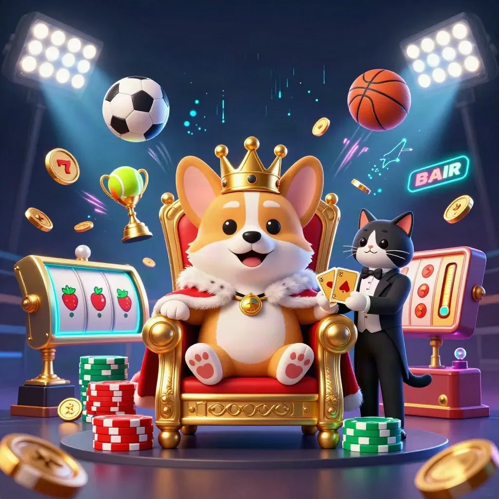 Korgi raja dan pelayan kucing di takhta chip, dikelilingi bola, koin, dan kilat neon.