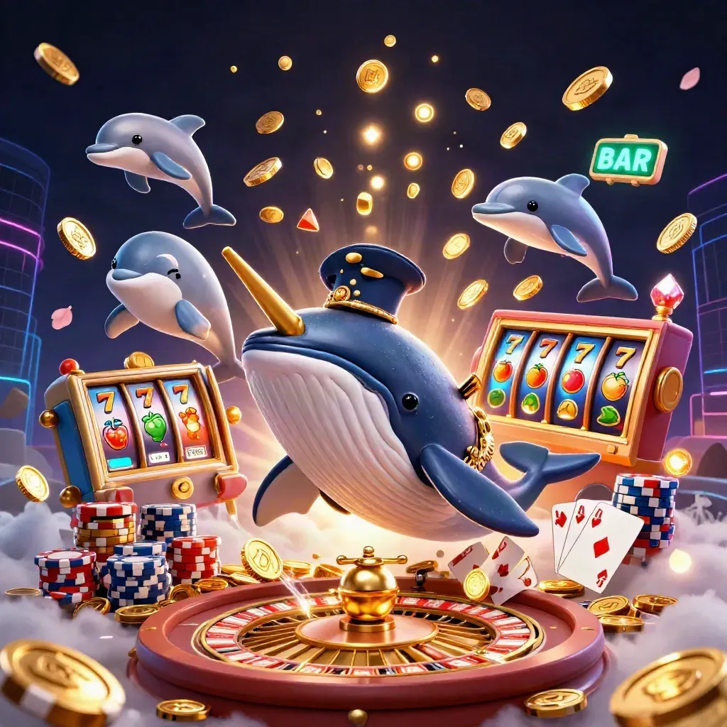 Paus kapten kartun, narwhal, dan lumba-lumba di antara koin, chip, dan roda roulette neon